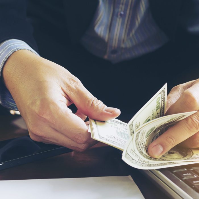 Business man counting dollar banknote - online business concept